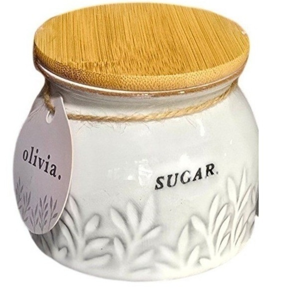 1 White Ceramic Sugar Canisters with Bamboo Lid and Jute Twine Accent storage